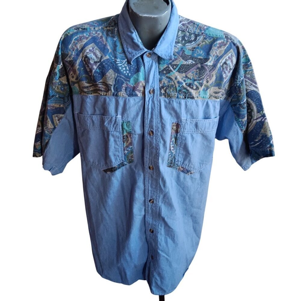 Vintage Men's Chambray Shirt XL Sergio 1990's Colorblock Nepal Cotton Preppy XL